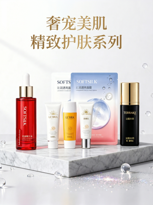 为这张包含四款美妆护肤产品的合成图添加整体化妆品标题，标题放在画面上方醒目位置，文字清晰美观，保持所有产品不变。修改图片尺寸为长410mm宽540mm，画面整体保持轻奢优雅风格，整体明亮干净，商业高级预览效果