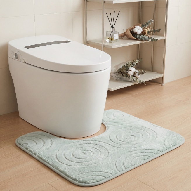 浅绿色祥云压花U型浴室地垫，保持产品款式、形状、纹理和颜色物理结构绝对不变，严禁扭曲变形。平视构图，主体放置在北欧极简风格卫生间马桶正前方，带有柔和自然接触阴影。原木色卫生间地面，奶白色哑光瓷砖墙面，预览效果