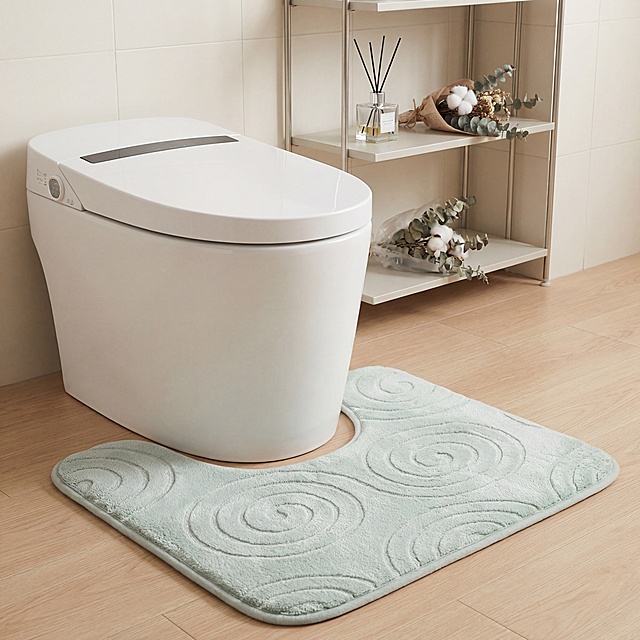 浅绿色祥云压花U型浴室地垫，保持产品款式、形状、纹理和颜色物理结构绝对不变，严禁扭曲变形。平视构图，主体放置在北欧极简风格卫生间马桶正前方，带有柔和自然接触阴影。原木色卫生间地面，奶白色哑光瓷砖墙面，搭配白色智能马桶和极简金属置物架，营造简约干净的卫浴氛围。柔和全屋漫射柔光，低对比度，画面明亮干净，莫兰迪低饱和色调。在置物架上点缀香薰瓶和一小束干花，增添自然生机，突出地垫吸水防滑的卫浴使用功能。商业种草风格摄影，8K分辨率，画面干净通透，温馨治愈。