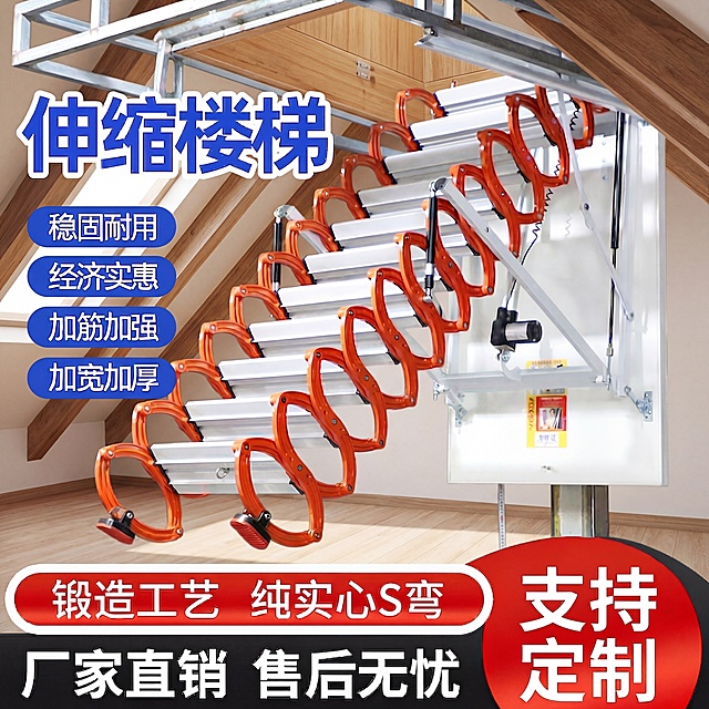 保持伸缩楼梯产品、楼梯结构和所有文字文案不变，替换背景为现代简约阁楼空间，浅暖调阁楼空间，斜顶原木梁结构，柔和漫射自然光，画面明亮干净，保留产品所有细节和文字不修改，符合电商展示氛围