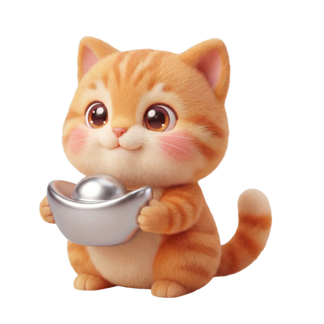 保持原图风格，将小猫手中的金元宝改成银元宝，整体风格为毛绒3D卡通可爱风格，透明背景预览效果