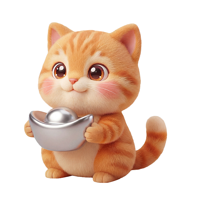 保持原图风格，将小猫手中的金元宝改成银元宝，整体风格为毛绒3D卡通可爱风格，透明背景