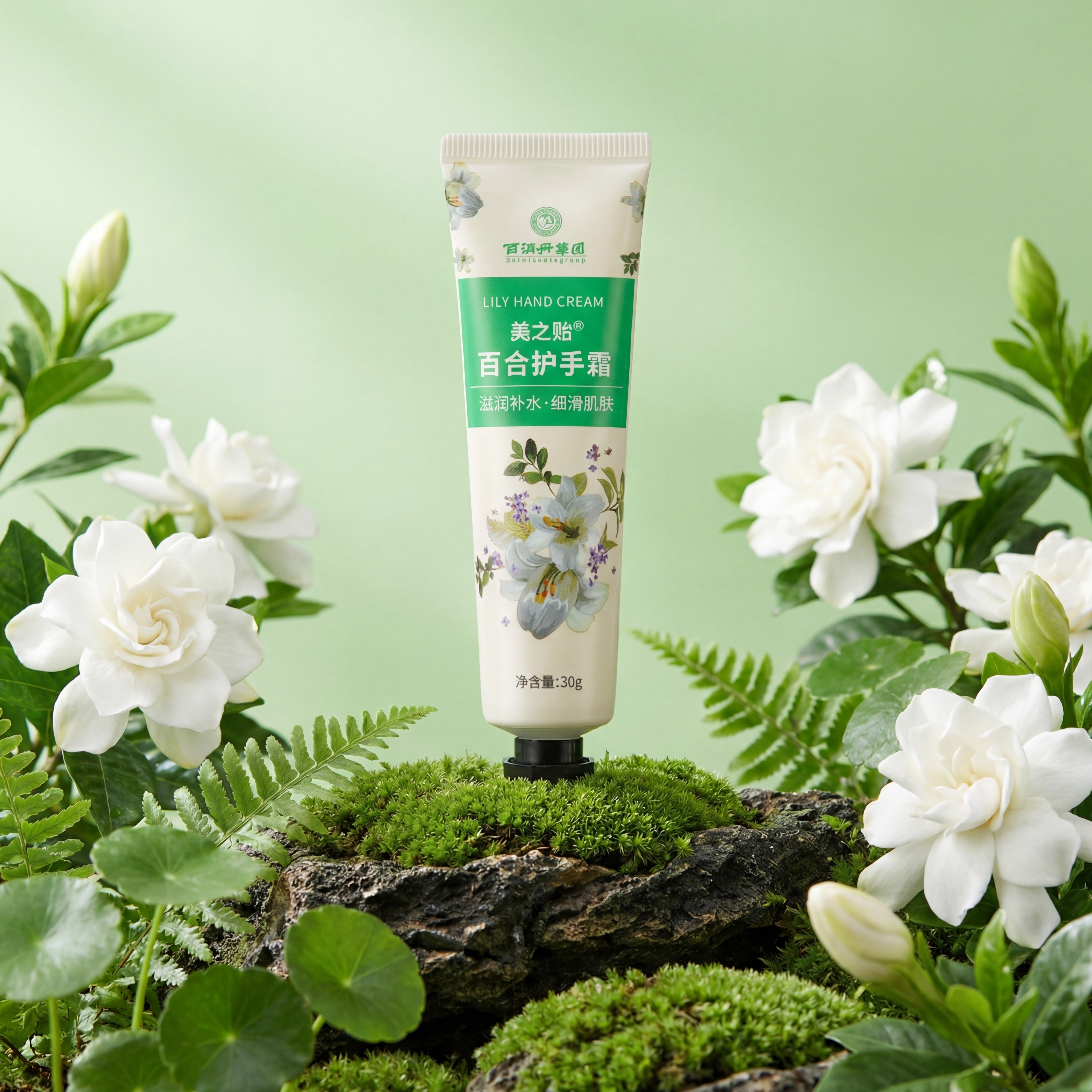将护手霜产品自然融入自然场景，画面正中央直立放置产品，产品放置… - 图片创意预览