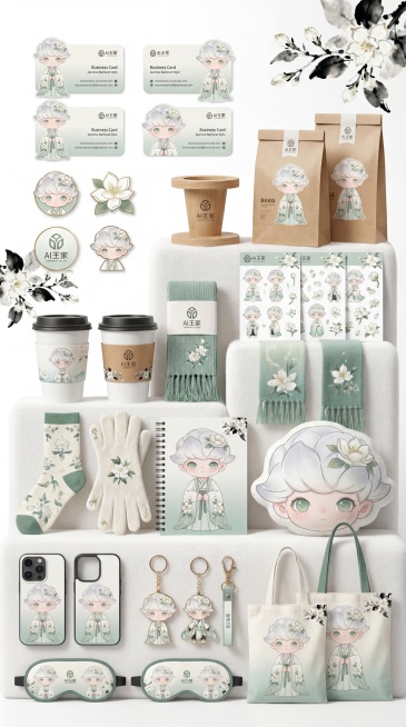 IP形象周边产品设计，风格可爱童趣，专业布光，专业产品摄影。物品包括：异形名片、多个徽章、咖啡摆架、包装袋、多个贴纸、咖啡杯及杯套、围巾、袜子、手套等配饰、线圈笔记本、毛绒抱枕、手机壳手提袋、钥匙链、预览效果