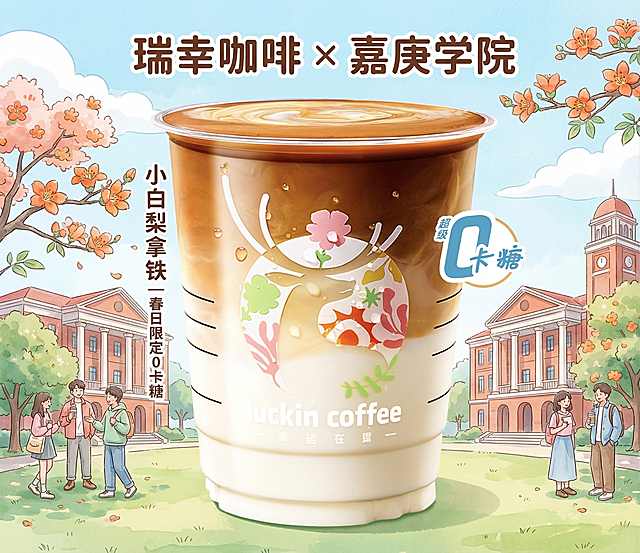 A vibrant promotional poster for Luckin Coffee's 'Xiaobai Pear Latte' exclusively for Xiamen University Tan Kah Kee College. The central focus is a perfectly isolated Luckin Coffee cup from the reference image, retaining all original details: the cartoon deer logo with floral and plant patterns, water droplets on the cup surface, layered coffee-milk gradient, and the 'luckin coffee' text at the bottom. The background is a soft, dreamy watercolor-style campus scene of Tan Kah Kee College: iconic red-brick buildings with white columns, blooming kapok trees with orange flowers, lush green lawns, students in casual campus wear chatting under trees, and a clear light blue sky with soft white clouds. The color palette is fresh and warm, dominated by pastel pinks, mint greens, creamy whites, and warm browns from the coffee. Text elements are carefully placed: top center reads "瑞幸咖啡 × 嘉庚学院" in a playful rounded font, left vertical text says "小白梨拿铁 | 春日限定 0卡糖", right side has a cute badge-style text "超级0卡糖" matching the reference. The overall style is cute, lively, and youthful, with clean line art, soft shadows, and a gentle, inviting atmosphere that evokes the warmth of spring campus life. High resolution, 8K, sharp focus on the coffee cup, cinematic lighting, no extra elements cluttering the composition.