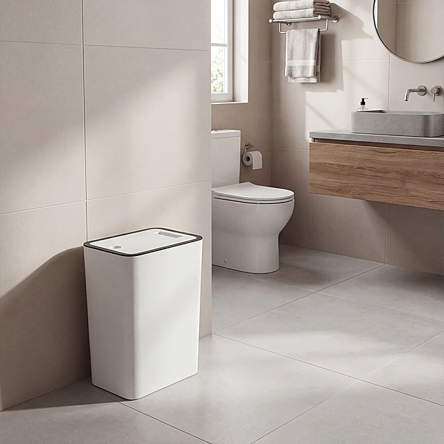 保持白色塑料垃圾桶主体结构、颜色完全不变，垃圾桶材质为塑料，产品尺寸高35cm长25cm宽17cm，更换为另一个简约现代家庭卫生间场景，垃圾桶稳定靠着墙壁摆放，整体简约风格，符合Shopee跨境平台规则，产品与新背景融合自然，光影真实，真实商业摄影效果。强制保证垃圾桶结构完全不变。负向提示词：多余的盖子、缺失的部件、悬浮的物体、变形的手柄、摄影灯、柔光箱、三脚架、水印、文字、昏暗光线、死黑阴影、畸变透视、比例失调、亚洲面孔、韩流风格、苍白皮肤、柔焦模糊、背景虚化过度、平光、动漫风、可爱道具、低对比度、人物