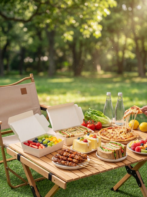 8K超高清，极致写实商业摄影，超强真实感，完美黄金比例构图，浅景深效果，前景餐品主体极致清晰锐利，背景干净柔和虚化，4月初初春户外野餐场景，核心主视觉是原木色折叠露营蛋卷桌，桌面摆满丰富精致的野餐餐品预览效果