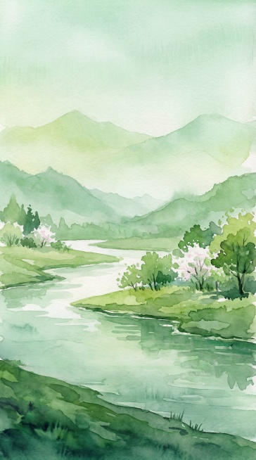 去除图片中的所有雨水涟漪效果，保持山水风景的原始美感。画面应保留山峦、河流、树木和整体绿色调，但水面应平静无涟漪，呈现宁静的自然风光。保持水彩手绘风格和整体构图不变。预览效果