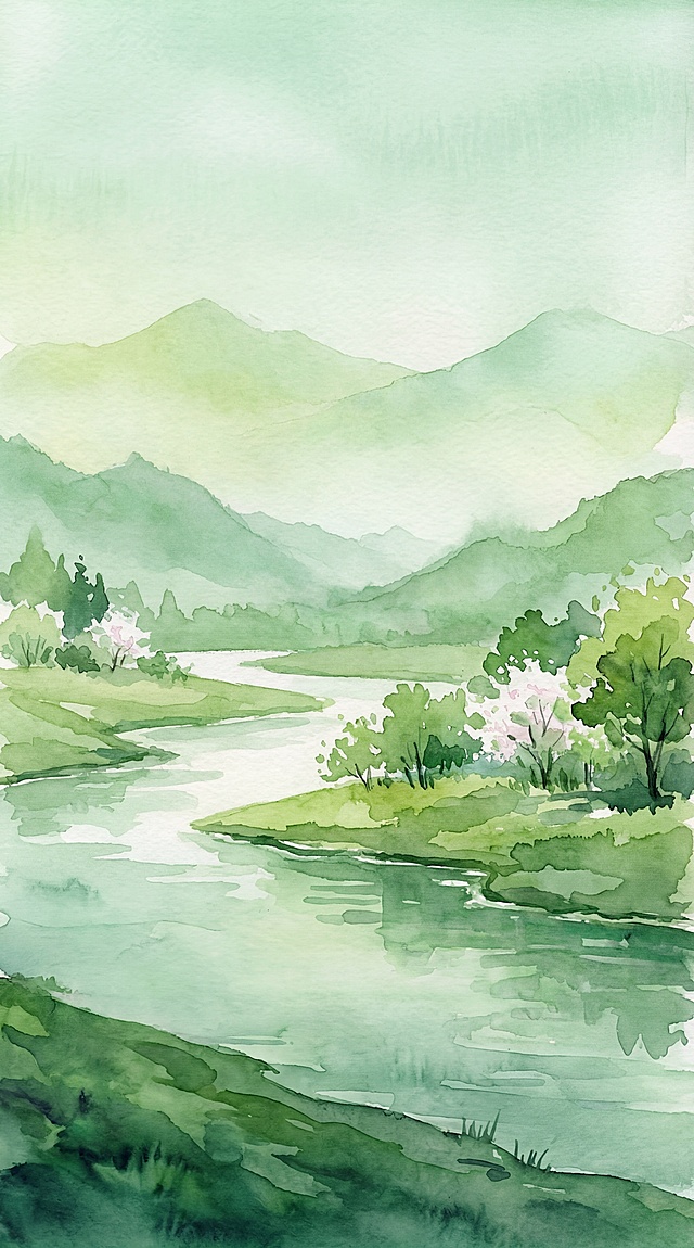 去除图片中的所有雨水涟漪效果，保持山水风景的原始美感。画面应保留山峦、河流、树木和整体绿色调，但水面应平静无涟漪，呈现宁静的自然风光。保持水彩手绘风格和整体构图不变。