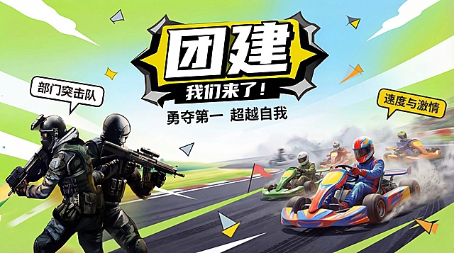 删除文案“个性景置业”，将“享性题团队”修改为“速度与激情”，其余设计元素和风格保持不变
