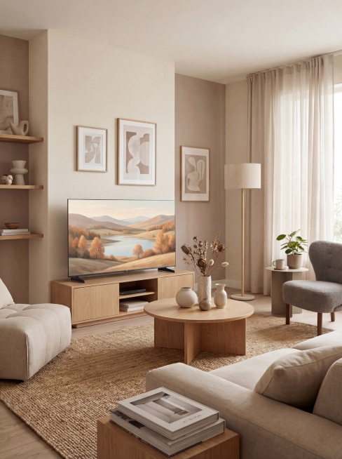 黑色金属底座平板电视，保持产品物理结构绝对不变，缩小后的尺寸比例保持不变，将电视屏幕内的壁纸更换为自然风景图，保留北欧简约客厅整体场景不变，浅米色布艺沙发，灰色单人扶手椅，浅木色收纳柜，落地灯，透明玻预览效果