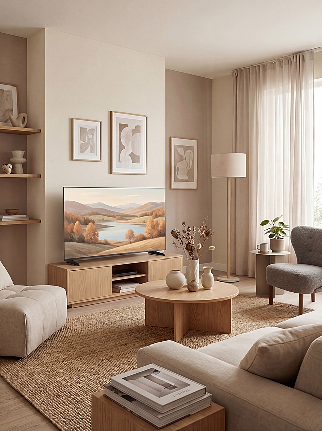 黑色金属底座平板电视，保持产品物理结构绝对不变，缩小后的尺寸比例保持不变，将电视屏幕内的壁纸更换为自然风景图，保留北欧简约客厅整体场景不变，浅米色布艺沙发，灰色单人扶手椅，浅木色收纳柜，落地灯，透明玻璃茶几，全屋漫射柔光，低对比度，阴影柔和，画面明亮干净，温馨治愈莫兰迪暖调，10%相似度参考原场景结构，消除所有品牌文字。4K分辨率，画质清晰，产品质感真实。