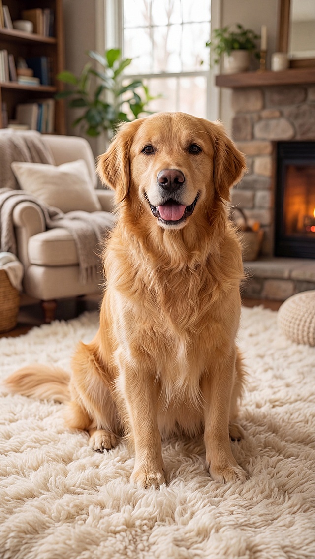 这只金毛坐在柔软的地毯上，金毛毛发蓬松温暖，表情温和，整体画面自然温馨，保留金毛的原本外形特征，背景是舒适的室内环境