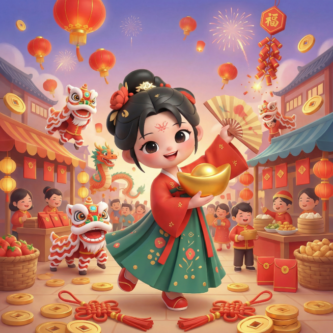 调整这张春节海报到1:1的比例，保留所有核心元素和原有风格，重新构图不破坏画面内容预览效果