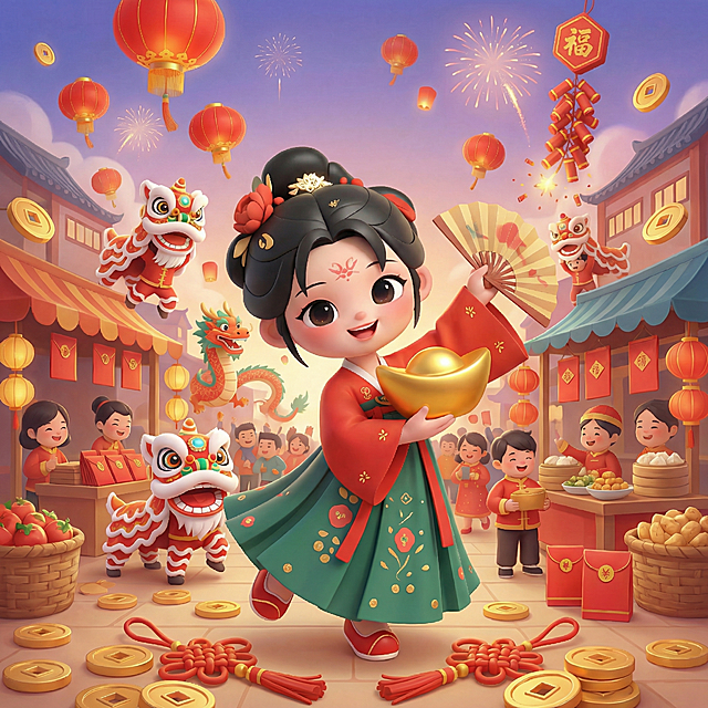 调整这张春节海报到1:1的比例，保留所有核心元素和原有风格，重新构图不破坏画面内容