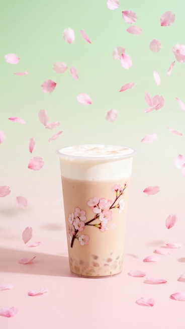 保持珍珠奶茶杯的物理结构和图案完全不变，将背景替换为春日渐变背景，从浅绿色渐变到浅粉色，背景点缀飘落的樱花花瓣，营造春日浪漫氛围，商业摄影，柔和漫射光影，画面明亮干净，保持产品主体清晰预览效果