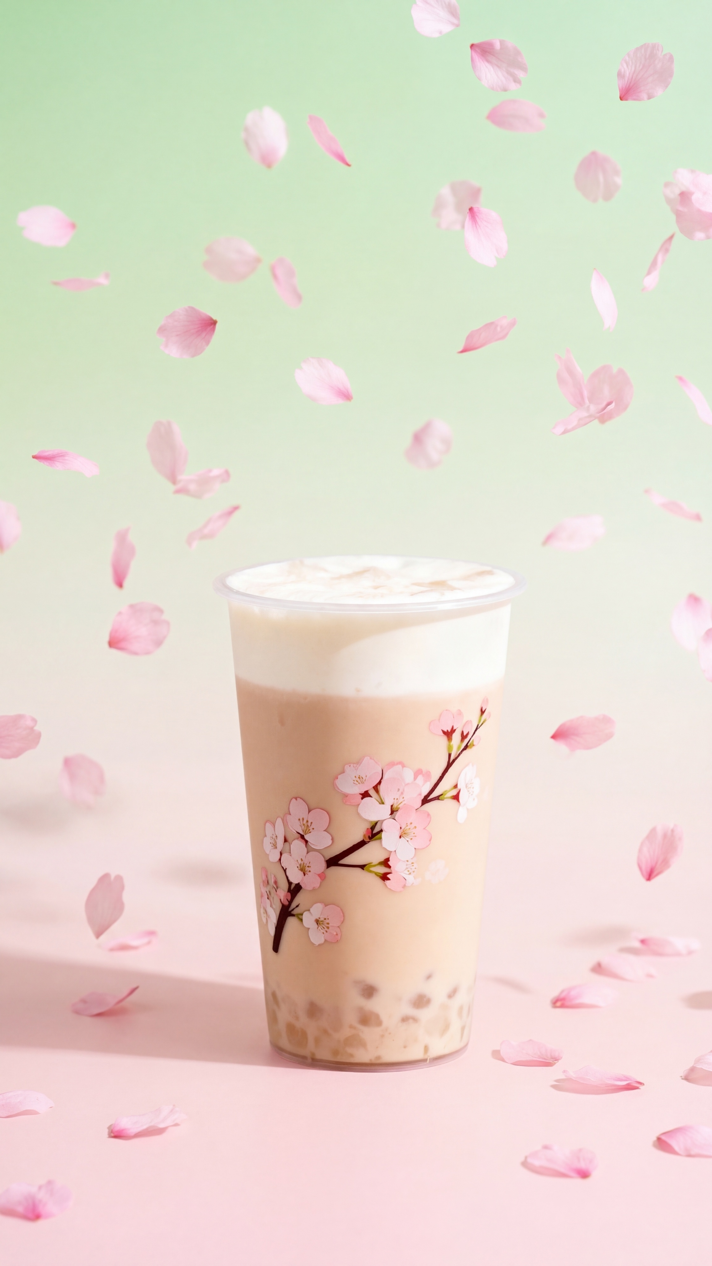 保持珍珠奶茶杯的物理结构和图案完全不变，将背景替换为春日渐变背… - 图片创意预览
