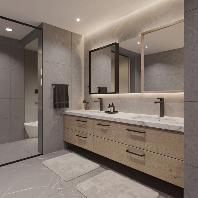 将两个突出的方形台上洗手盆改成和台面齐平的嵌入式台下洗手盆，去除洗手台的挡水板，其余元素、材质、颜色和整体风格保持不变预览效果