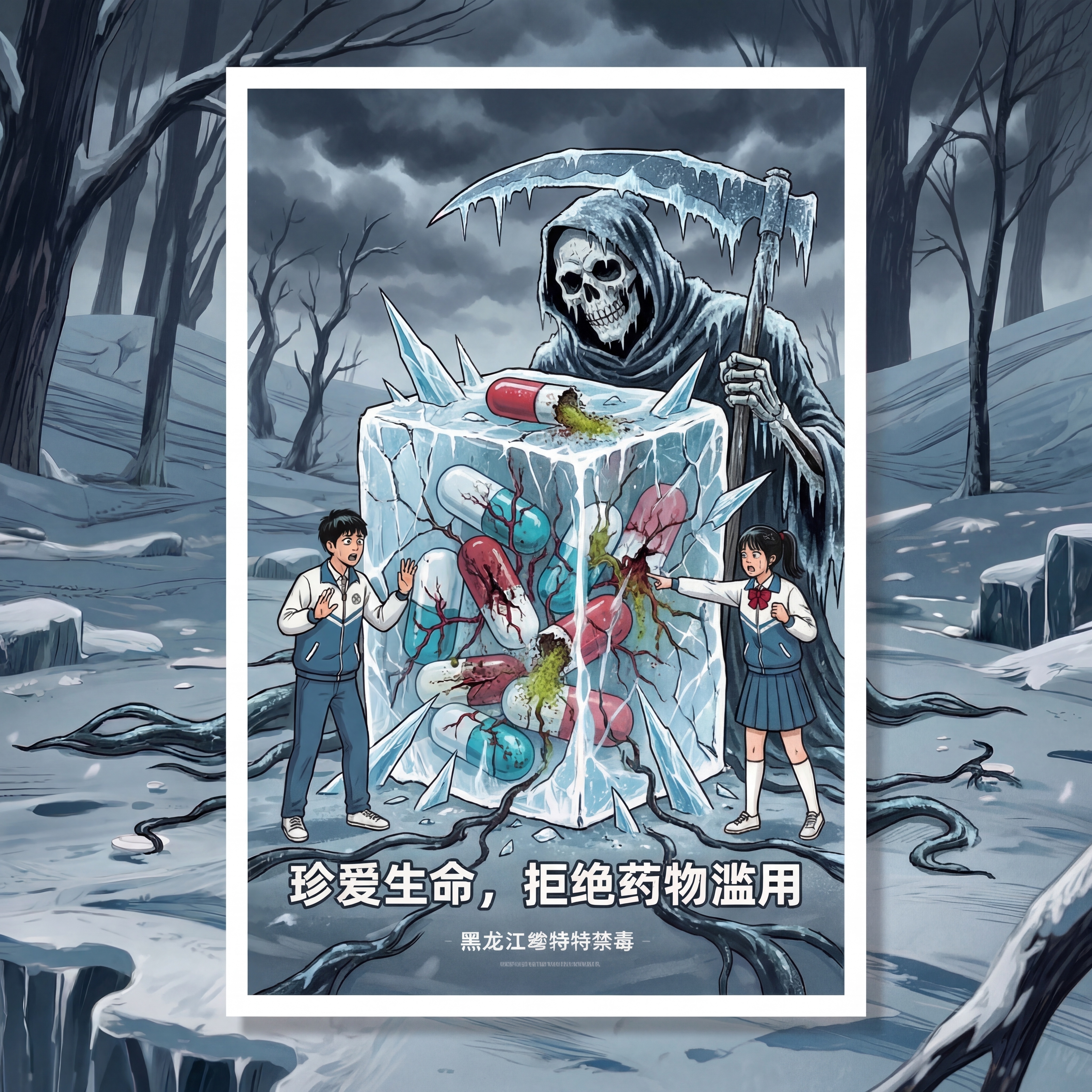 进一步凸显被冰块封冻药品的危害性，增强视觉冲击力，营造更恐怖压… - 图片创意预览