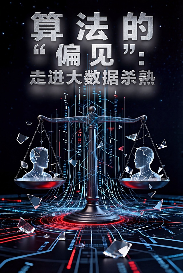 修改书籍封面，缩小主标题"算法的 “偏见”: 走进大数据杀熟"的文字尺寸，保留倾斜设计和从黑暗中浮现效果，保留原整体风格与构图