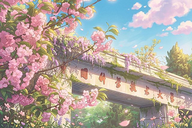 将图片改为充满治愈感的宫崎骏动画风格，建筑校门坐落在繁花与粉樱簇拥的地方，构成梦幻般的童话场景。上方的蓝天犹如透明的水晶，洁白的云朵像蓬松的棉花糖缓缓飘过，柔和的阳光倾洒而下，让鲜艳却不张扬的花草色彩更加生动，营造出纯真美好的氛围，仿佛置身于宫崎骏笔下的梦幻世界，8K高清画面，每一处细节如花朵的姿态、樱花的轻盈、云朵的绵软都细腻可辨