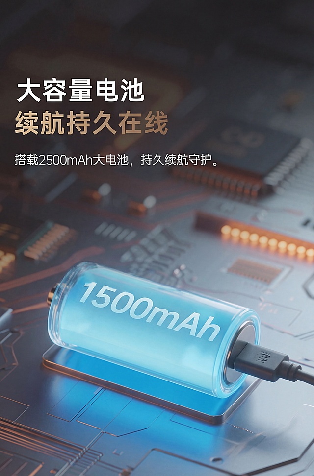 去掉图片左上角的所有文字，去掉电池周围的波浪线效果，将电池上的文字2500mAh修改为1500mAh，把电池整体颜色修改为浅蓝色，保持电路板背景不变，整体保持原图构图和光影效果
