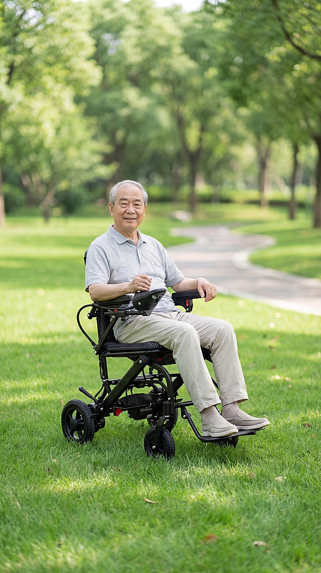 原图产品是黑色折叠电动轮椅，保持物理结构绝对不变，严禁扭曲变形。放置在公园绿草地，一位亚洲老年男士正坐在轮椅上，周围是绿色树木和公园步道，拉开景深。柔和自然漫射日光，低对比度，阴影极淡柔和，画面明亮干净，符合国内电商种草氛围。中景平视构图，三分法构图。画面点缀绿色树叶光斑，自然生动。商业级摄影，4K超清，干净通透，自然温馨。