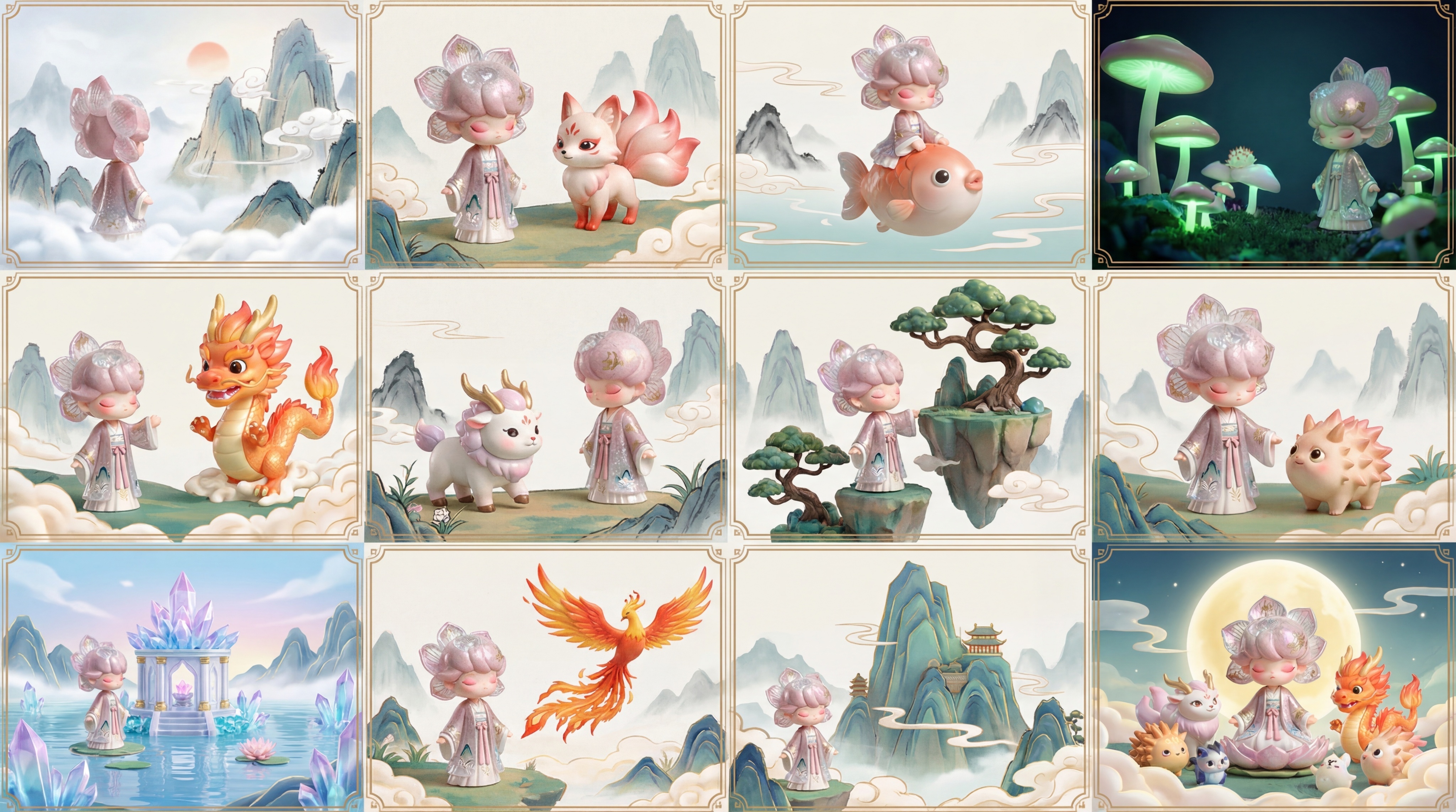 根据IP形象创作山海经主题故事，生成包含12个分镜的故事图，将… - 图片创意预览