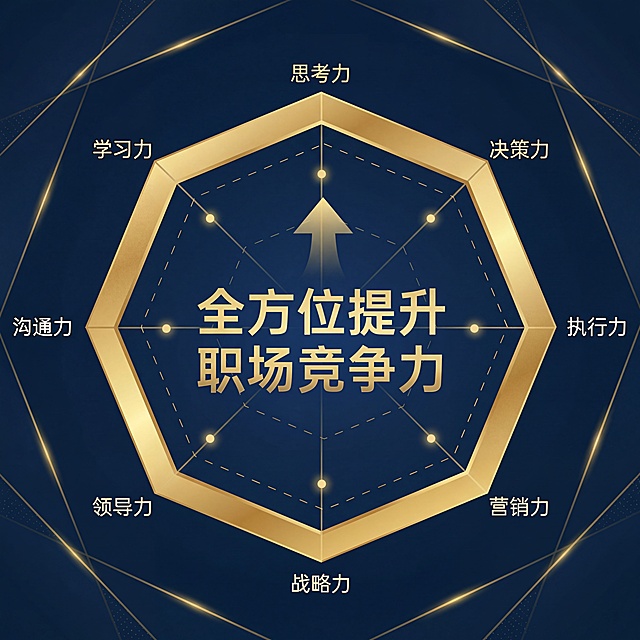 基于原图生成，保持内容和文字不变，改成蓝金配色，蓝色深蓝色背景搭配金色点缀，风格简单大气，商务质感，保留六边形雷达图结构和所有文字信息：全方位提升职场竞争力，思考力，学习力，沟通力，领导力，战略力，营销力，执行力，决策力