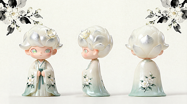 茉莉仙清露款潮玩IP三视图，将正面、侧面、背面三个视角放置在同一张纸上，泡泡马特风格3D立体Q版，保留原材质纹理：奶白半透哑光树脂，茉莉花瓣纹理带浅银细闪，明制披风绣山茉莉团花，浅色背景大留白中式风格