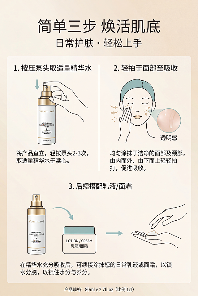 步骤图解风，严格还原上传的产品图，产品尺寸 80ml 比例 1:1。主标题「简单三步 焕活肌底」，副标题「日常护肤・轻松上手」，画面分三栏展示使用步骤：1. 按压泵头取适量精华水；2. 轻拍于面部至吸收；3. 后续搭配乳液 / 面霜，每步配简约插画 + 文字说明，背景为浅米色渐变，文字统一无衬线字体，排版工整，清晰展示使用方法。