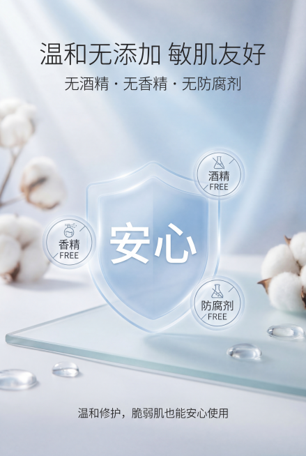 纯净安心感视觉。主标题「温和无添加 敏肌友好」，副标题「无酒精・无香精・无防腐剂」，画面中心为盾牌形状的安心标识，周围环绕「酒精 FREE」「香精 FREE」「防腐剂 FREE」图标，背景为白色 +预览效果