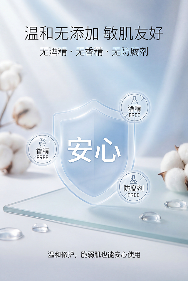 纯净安心感视觉。主标题「温和无添加 敏肌友好」，副标题「无酒精・无香精・无防腐剂」，画面中心为盾牌形状的安心标识，周围环绕「酒精 FREE」「香精 FREE」「防腐剂 FREE」图标，背景为白色 + 淡蓝色柔光，底部小字标注「温和修护，脆弱肌也能安心使用」，文字统一纤细无衬线字体，突出产品温和安全的配方卖点。