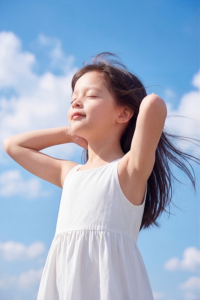 修改手肘位置向上弯曲，降低头部抬起高度，保留其他：电商风格产品宣传摄影，明亮清新色调，阳光感强。大风吹起女孩的刘海露出额头，阳光照射脸部，女孩穿白色连衣裙，胳膊微微张开，闭着眼抬起头享受呼吸，背景是晴朗的蓝天白云，整体画面高清质感，自然光线，色彩明快，氛围温暖愉悦，适合天猫电商展示