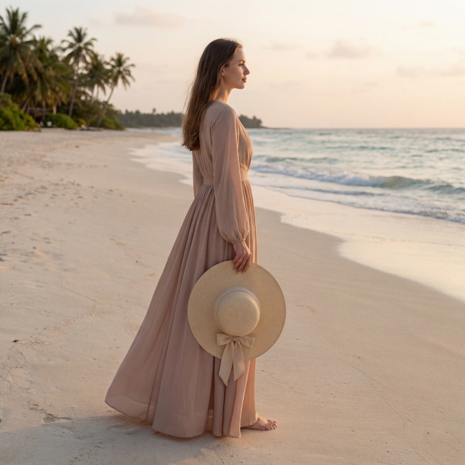 一位穿着度假长裙的外国美女站在沙滩上摆造型，手里拿着上传图片里米白色大檐编织草帽，保留草帽纹理和飘带，穿着得体，远景，自然氛围，不露裸露皮肤预览效果