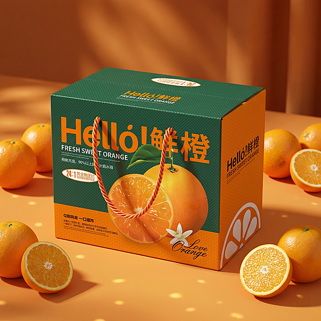 手提瓦楞礼箱鲜橙包装，保持包装物理结构绝对不变，严禁扭曲变形或文字模糊。居中放置在画面中心，平稳放在橙色哑光背景上，整体为同色系橙色场景，拉开景深。周围散落几个完整新鲜的橙子，搭配切半的果肉展示。商业真实摄影光影，暖调柔和侧光，展现包装表面材质纹理。居中构图，时尚简约风格。点缀阳光光斑，提升食欲感。商业高端美食摄影，4K分辨率，真实摄影质感，极具食欲。保持文字和包装Logo原样不变。