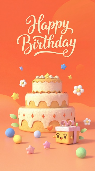 参考上传文件50%风格，制作竖版生日海报，3D软粘土卡通风格，暖橙渐变背景，三层奶油生日蛋糕，拟人化可爱礼物盒，搭配笑脸小花、星星、彩球装饰，顶部放置"Happy Birthday"手写花体字，整体温预览效果