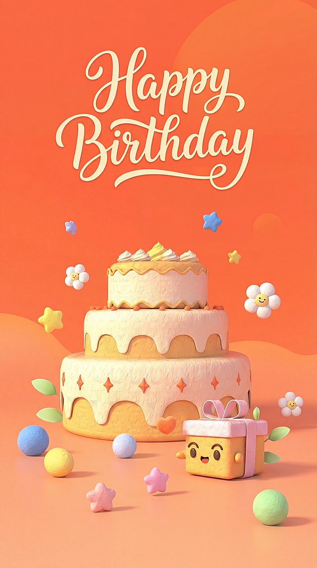 参考上传文件50%风格，制作竖版生日海报，3D软粘土卡通风格，暖橙渐变背景，三层奶油生日蛋糕，拟人化可爱礼物盒，搭配笑脸小花、星星、彩球装饰，顶部放置"Happy Birthday"手写花体字，整体温馨治愈，高细节，避免文字变形扭曲模糊、画面杂乱、元素错位、色彩暗沉、冷色调、写实风格、硬边棱角、低分辨率、水印、多余元素、透视错误、蛋糕造型怪异、礼物盒表情扭曲、光影生硬，保持清晰干净