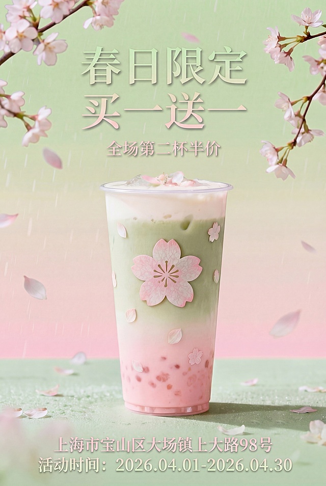 在图片底部添加文字：“上海市宝山区大场镇上大路98号活动时间：2026.04.01-2026.04.30”，文字字体简约优雅，颜色匹配浅绿淡粉主色调，将图片改为A3竖版大小，保证主体奶茶、樱花、原有标题文字清晰，信息完整，整体配色统一协调