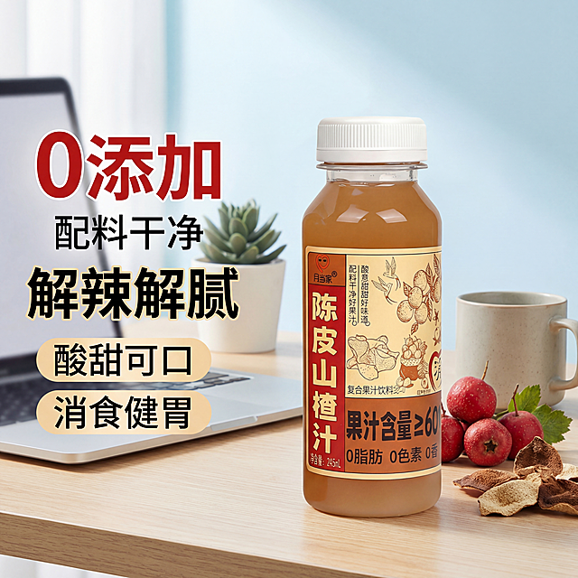 基于原瓶身图片，生成一张陈皮山楂汁淘宝主图，商品为月当家陈皮山楂汁，核心卖点是0添加，配料干净，解辣解腻，酸甜可口，消食健胃，风格为办公室休闲场景，简约清爽，适合淘宝平台展示，突出解腻卖点