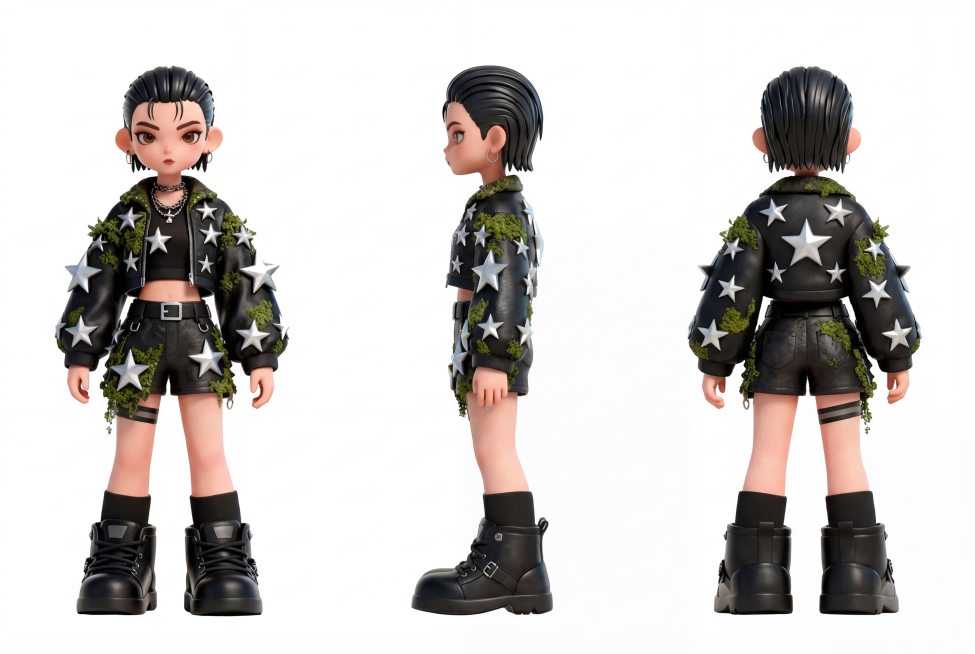 参考图中人物，生成人物三视图，包含正面、侧面、背面三张全身像，从头到脚，脚部完整可见，人物站立在地面上，无裁切无截断，站姿笔直，双手自然下垂，统一服装统一造型，保持原人物的3D卡通风格，服装细节一致，预览效果