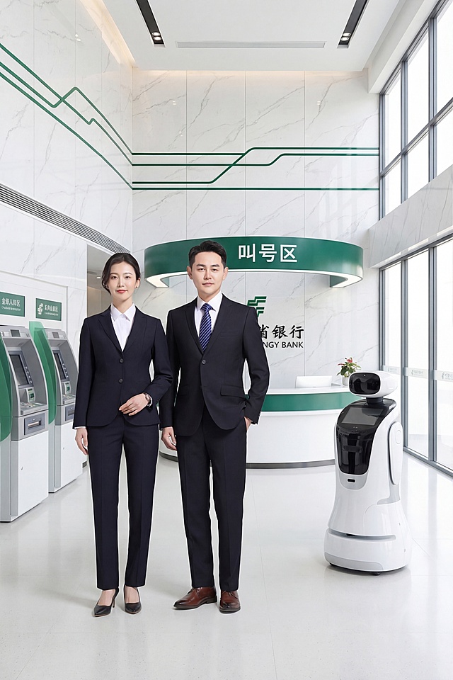 更换背景为中国邮政储蓄银行智能网点大厅，现代简约风格，白色大理石墙面搭配绿色装饰线条，弧形叫号台标注 “叫号区”，右侧站立白色智能服务机器人，左侧有自助柜员机，明亮通透的自然光，干净整洁的无人场景，专业商业摄影，8K超高清，焦点清晰，画面干净通透，保持原图中人物和衣服不变