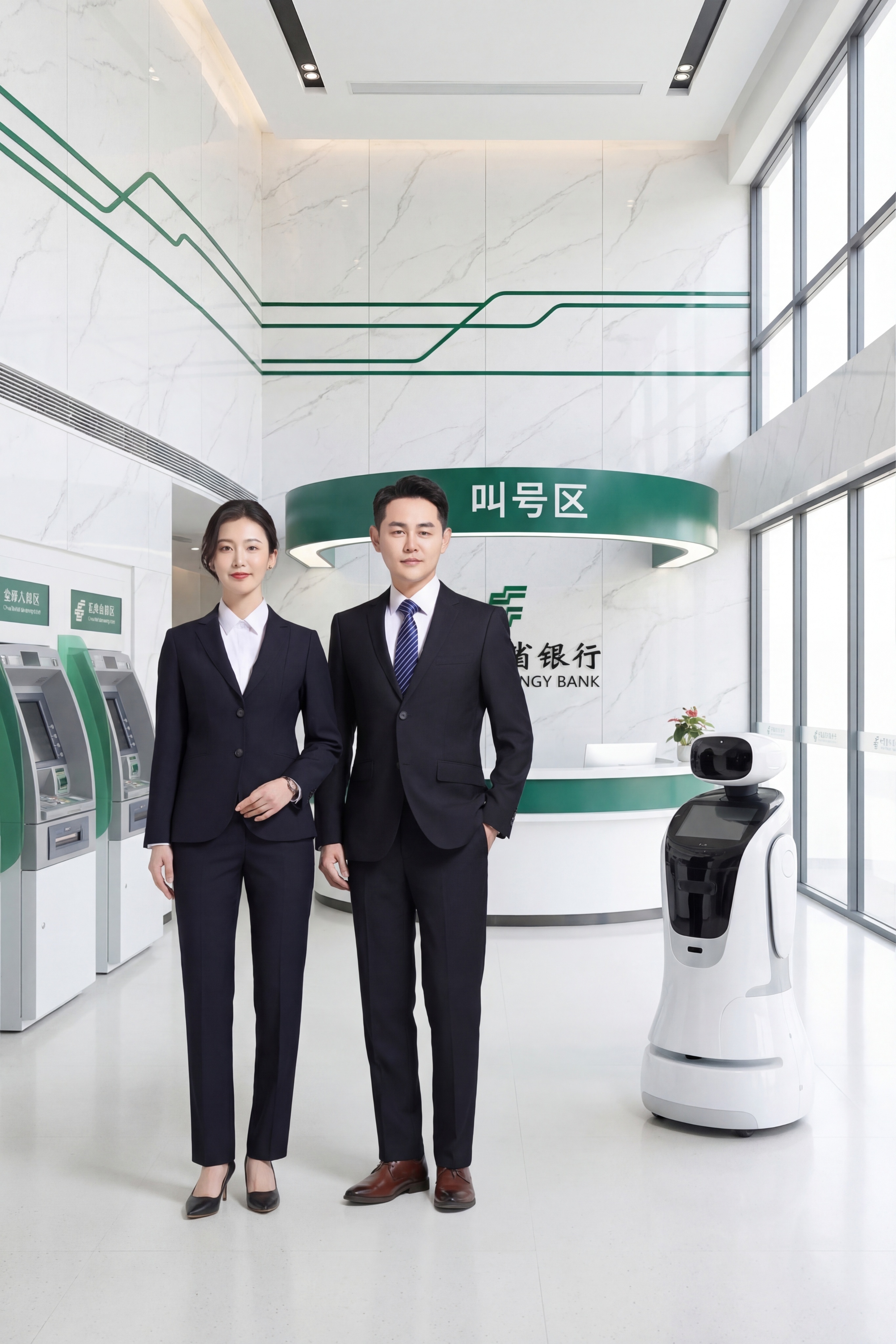 更换背景为中国邮政储蓄银行智能网点大厅，现代简约风格，白色大理… - 图片创意预览
