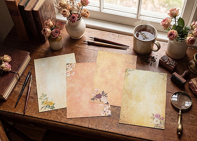 临窗的复古木质书桌，自然光洒入，四张和参考图相同的复古花纹信纸平铺在桌面上；周围摆放着钢笔，复古书本，几束复古玫瑰花、泡有茶叶的陶瓷马克杯、木质印章与金属放大镜。写实治愈系生活摄影风格，俯视镜头，轻微浅景深，主色调为暖棕褐色桌面，森系植物色彩，细节丰富，传递自然手作的专注与治愈感，画面高清。保持参考图中信纸的大小、纹理和原有颜色不变。不要出现：信纸不清晰、改变颜色、改变信纸纹理、文字错误、缺失部件、摄影灯、水印、昏暗光线、死黑阴影、硬光、畸变透视、比例失调