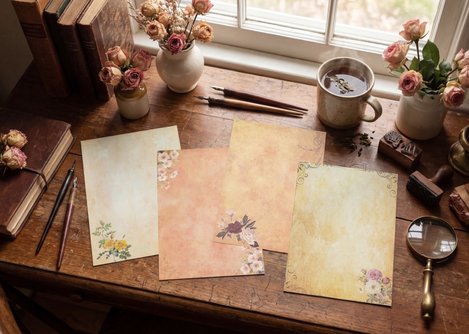 临窗的复古木质书桌，自然光洒入，四张和参考图相同的复古花纹信纸平铺在桌面上；周围摆放着钢笔，复古书本，几束复古玫瑰花、泡有茶叶的陶瓷马克杯、木质印章与金属放大镜。写实治愈系生活摄影风格，俯视镜头，轻微预览效果