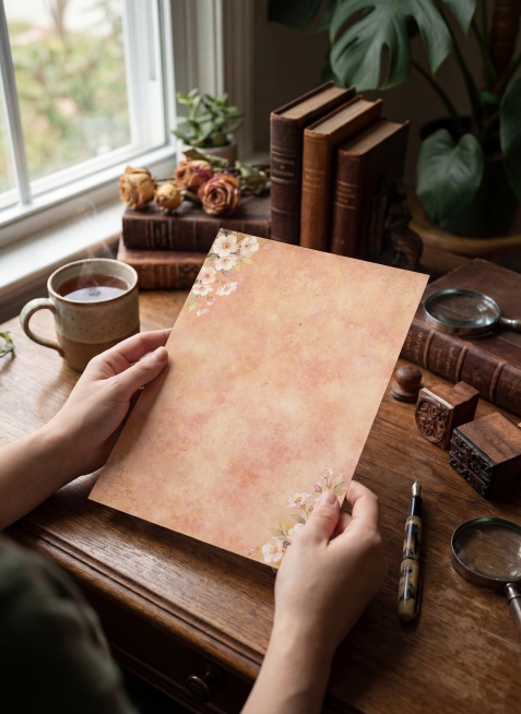 临窗的复古木质书桌，自然光洒入，双手拿着信纸，信纸保持参考图的样式、颜色和纹理，尺寸为A4与手成正比；周围摆放着钢笔，复古书本，几束复古玫瑰花、泡有茶叶的陶瓷马克杯、木质印章与金属放大镜。写实治愈系生预览效果