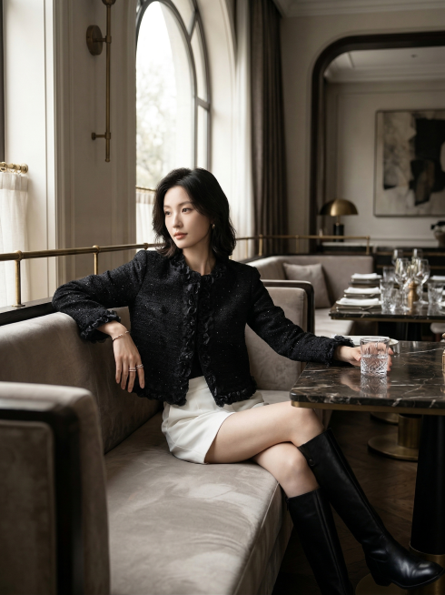 时尚画报风格高级种草图，身材修長、皮肤白皙的模特，穿上黑色短款小香风外套，外套带有立体花朵花边装饰和闪片肌理，保持外套主体物理结构不变，下半身穿白色短裤，搭配高筒靴，模特坐在高级餐厅的卡座，身体倚靠在预览效果