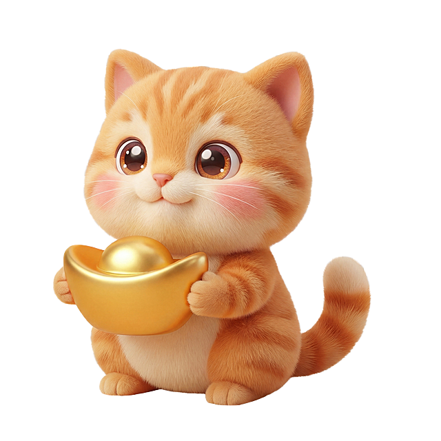 保持3D毛绒卡通可爱风格，将画面中的角色替换为橘色小猫，双手捧着金色元宝，透明背景，和原图构图一致