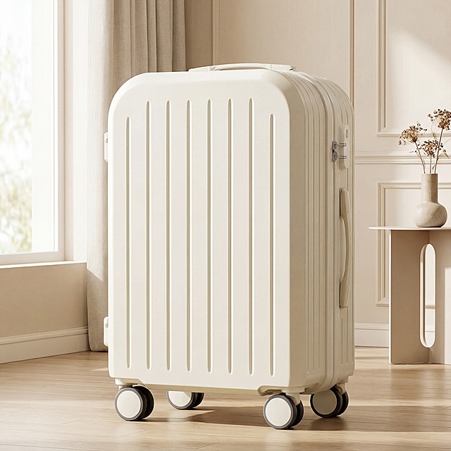 奶白色磨砂拉杆行李箱，保持产品角度和大小完全不变，保持物理结构绝对不变，严禁扭曲变形。将背景替换为明亮温馨的室内小清新风格，浅米色奶油风空间，浅木色地板，窗边漫射柔光，整体氛围干净治愈，低饱和度莫兰迪色系，商业高端摄影，4K超清。负向词：西方面孔,金发,深眼窝,雀斑,杂乱房间,死黑阴影,硬光,乡村风,高对比度,欧美妆容,接口错位,塌陷,扭曲,划痕,廉价塑料感,摄影灯,水印,文字,昏暗,比例失调,模糊,粗糙边缘,畸变,透视错误,杂乱背景,同类商品