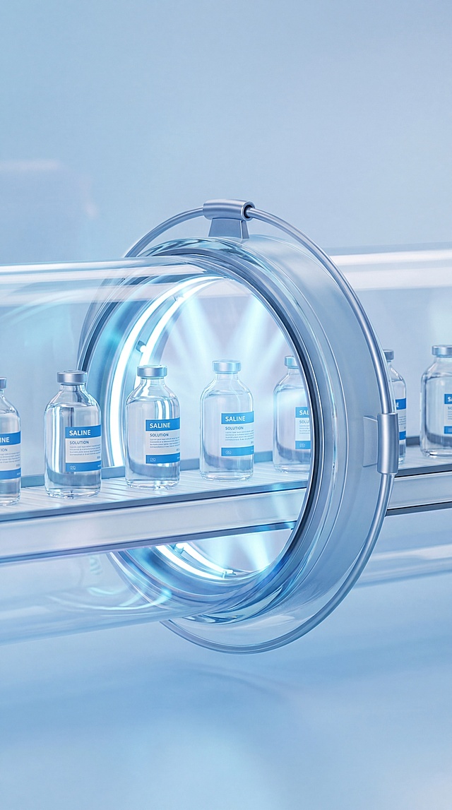 一排生理盐水放置在具有科技感的白色传送带上，传送带从超现实透明环形管道穿过，透明管道中间有科技装置，对产品照射光线，进行辐照灭菌。冷蓝色调，柔和弥散光线，干净极简的科幻美学，Octane渲染，玻璃质感细节，浅蓝色渐变背景，可以参考装置结构，不照抄原图，超清细节